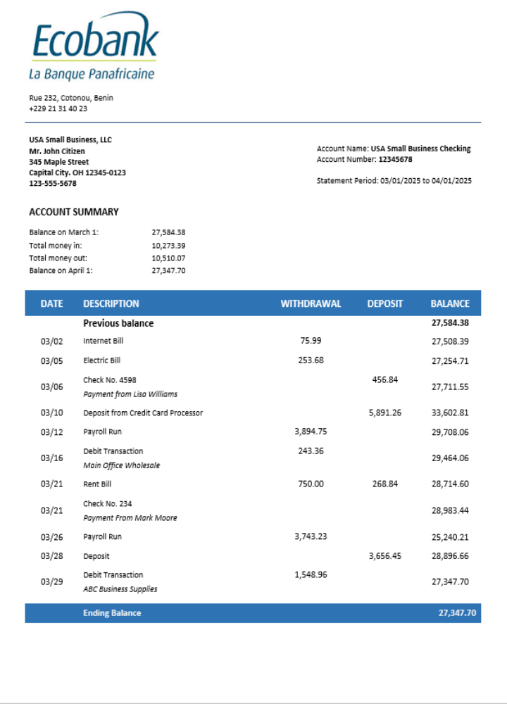 Déclaration d'entreprise Ecobank Format Word et PDF